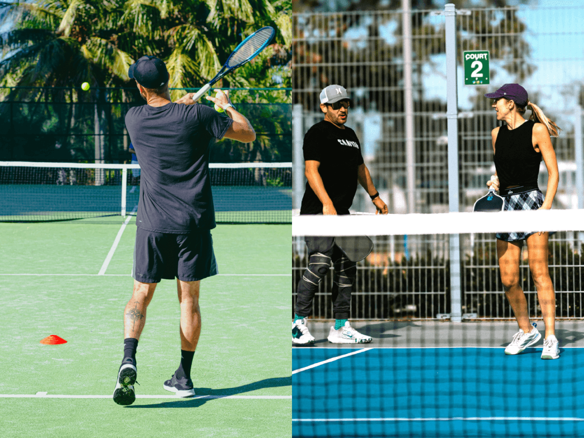 Tennis vs Pickleball image showing a tennis player practicing drills on the left and a pickleball player receiving coaching advice on the right, highlighting different training approaches.