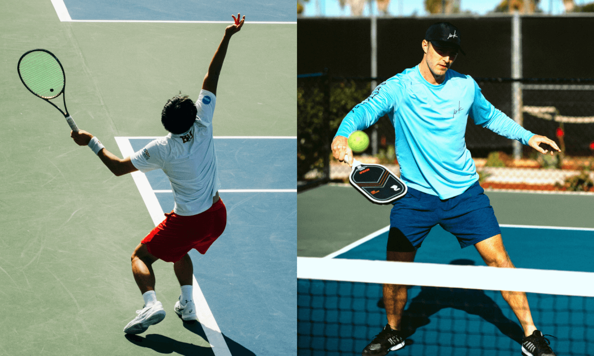 Tennis vs Pickleball image showing a tennis player serving and a pickleball player at the net, highlighting Tennis vs Pickleball differences in playing style.