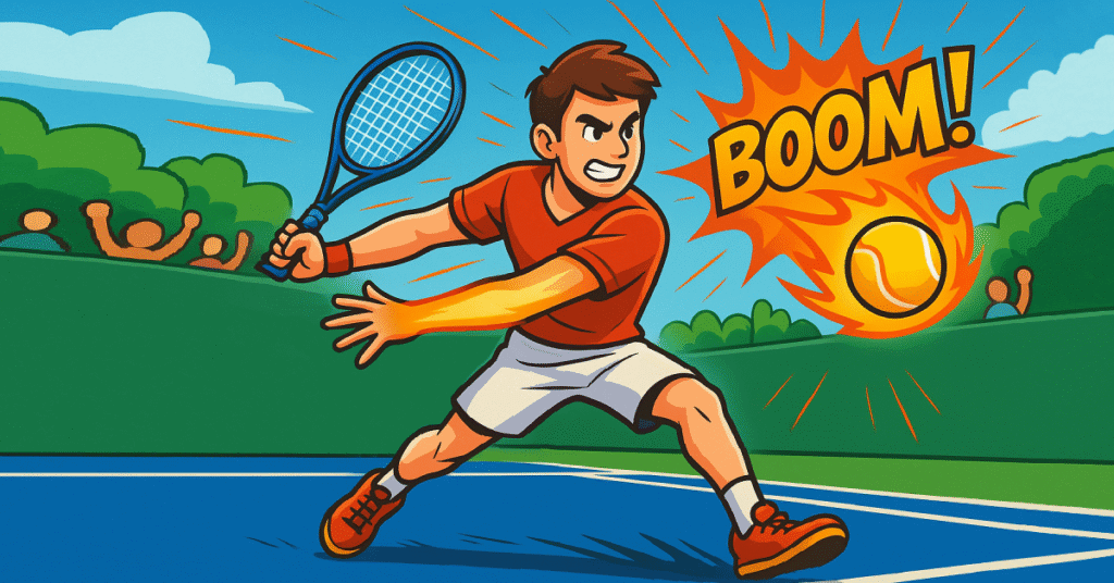 Cartoon of a tennis player using powerful forehand technique in a match