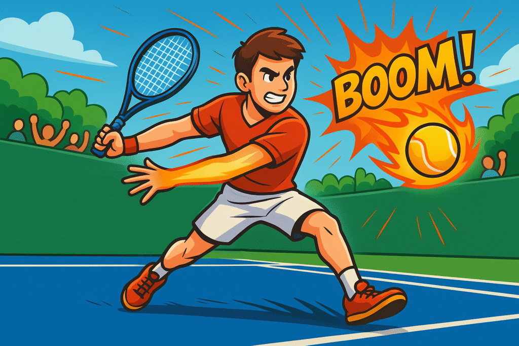 Cartoon of a tennis player using powerful forehand technique in a match