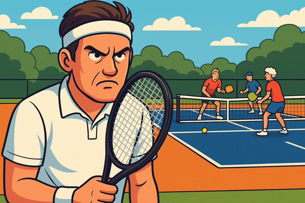 Cartoon illustration of an angry tennis player standing on a pickleball court, highlighting the tension and reasons why tennis players hate pickleball.