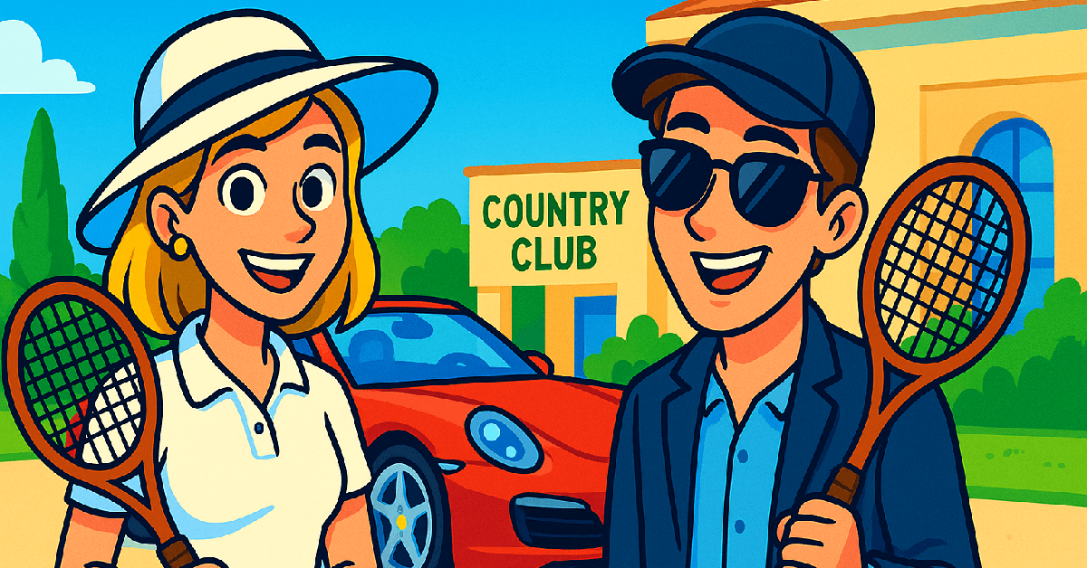 Cartoon showing young rich couple with tennis rackets and a red convertible at a country club