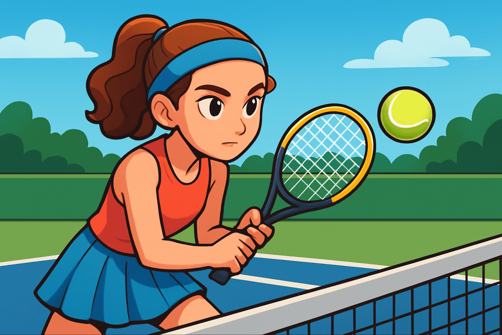 Cartoon illustration of a focused female tennis player in a vibrant outfit, expressing strong tennis mindset without anger