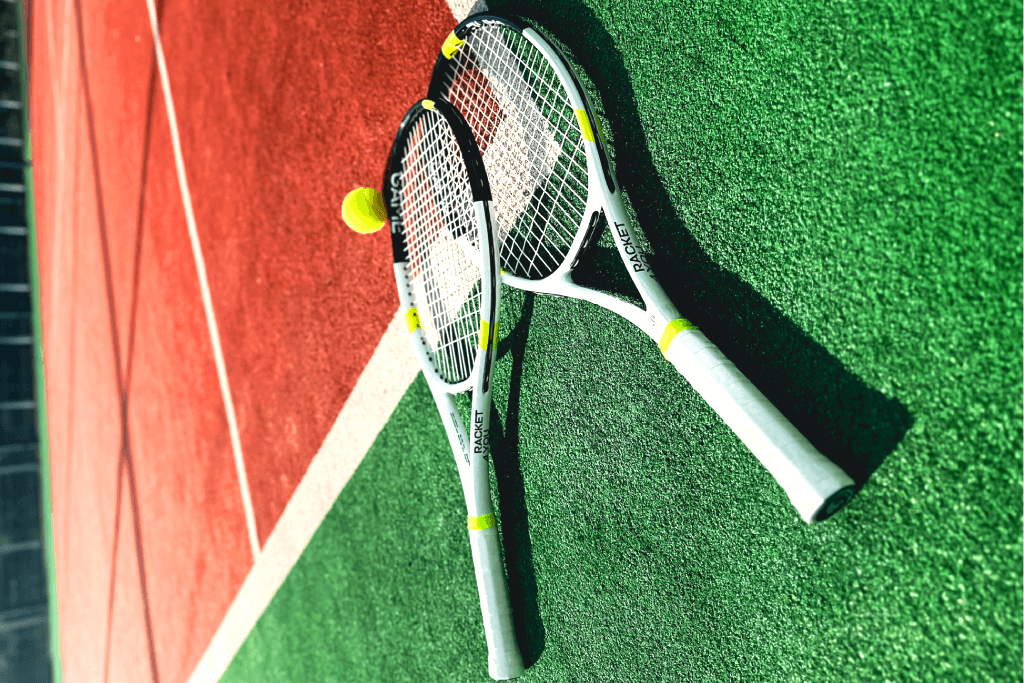 Two tennis rackets and a tennis ball resting on a hard court near the baseline, ready for a match.
