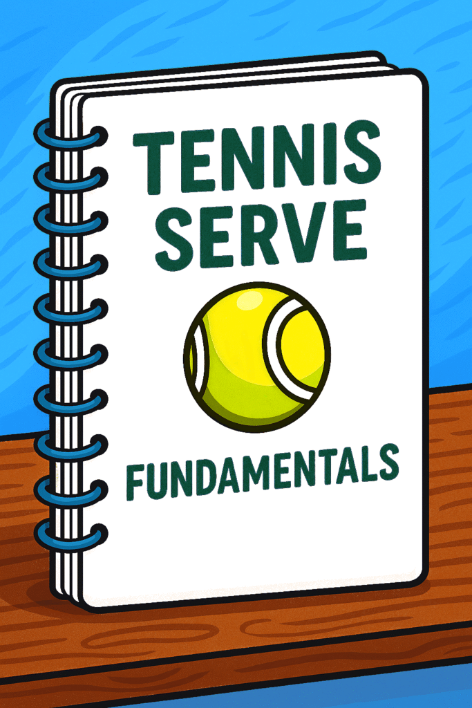 Cartoon-style illustration of a tennis journal titled "Tennis Serve Fundamentals" with bold cover design