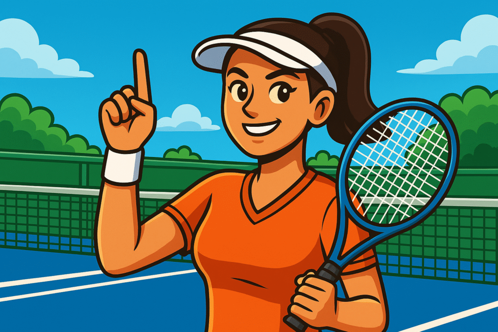 Cartoon of a female tennis player holding up one finger, symbolizing that the underhand tennis serve should be used only once per match.